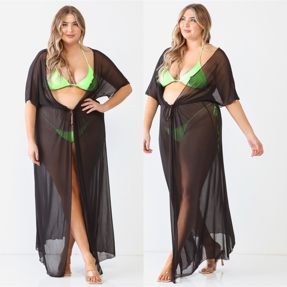 Other - PLUS SIZE Black Sheer Mesh Midi Sleeve Drawstring Waist Maxi Kimono Cover Up